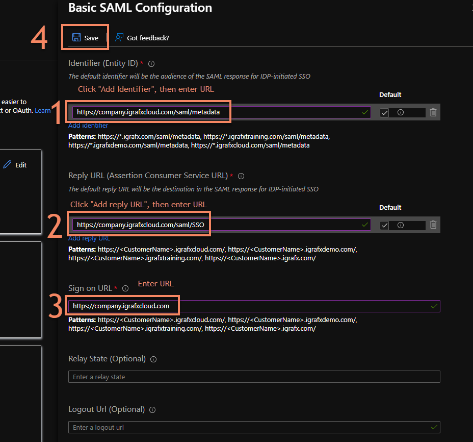 Adding the identifier, reply URL, and sign-on URL.