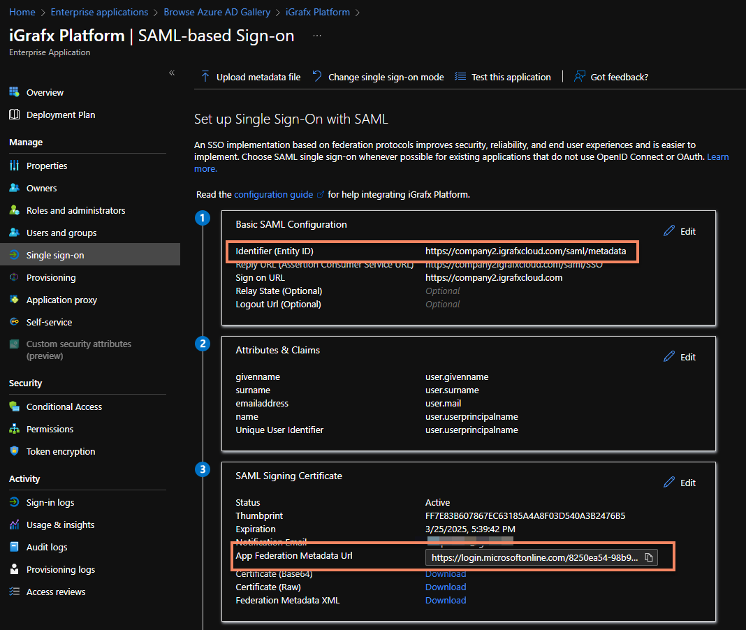 Copying the App Federation Metadata URL.