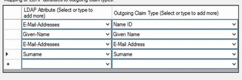 Entering the LDAP attribute claim rule in ADFS.