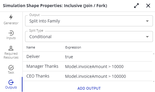 The Outputs tab of an Inclusive Gateway with conditional family splits.