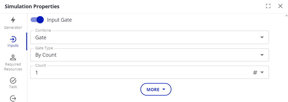 The Inputs tab with the gate type and combine options.