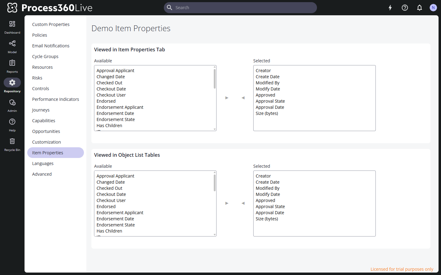 The Item Properties page with the Available and Selected lists for both sections.