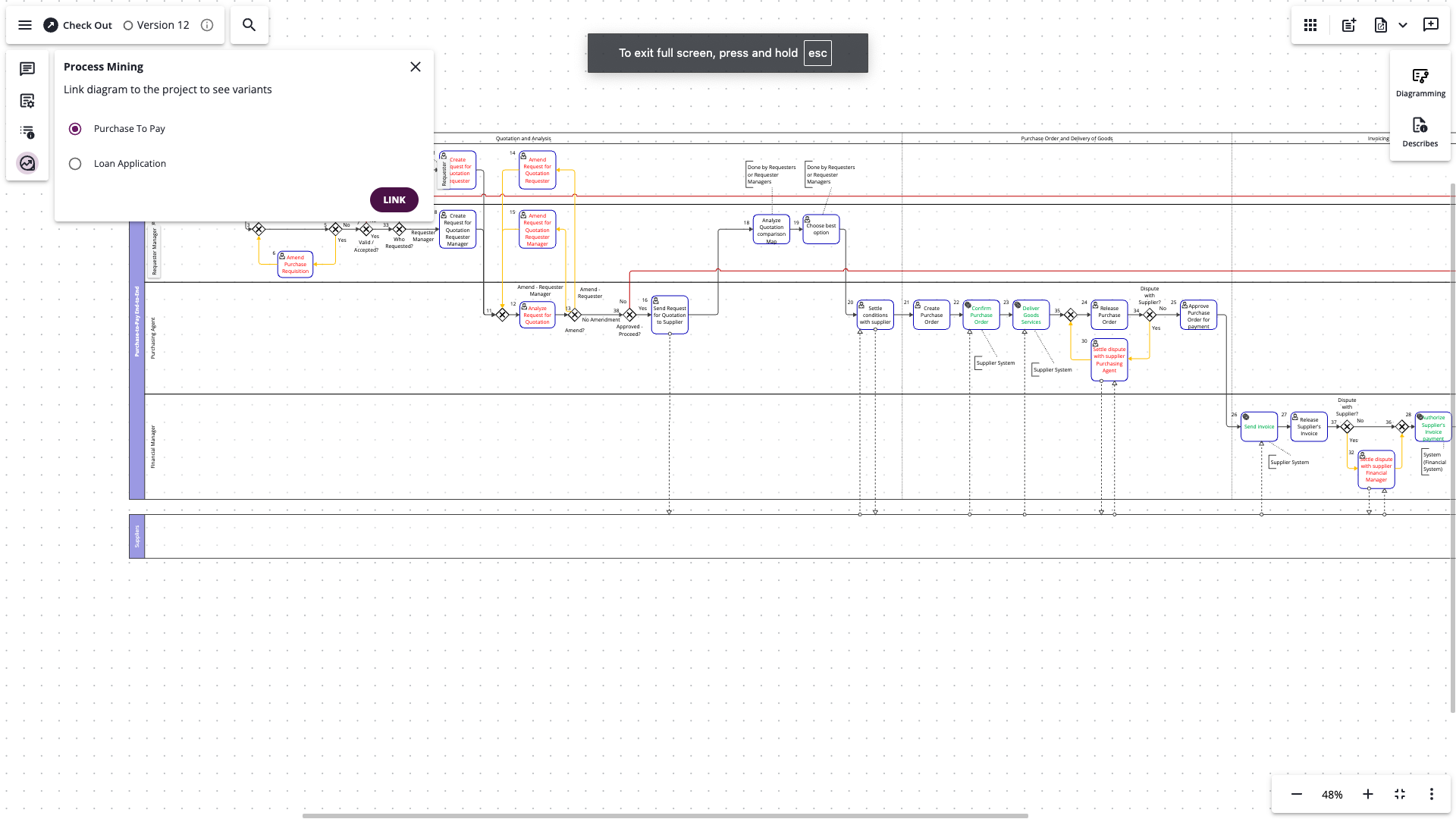 The Process Mining panel with a project selected and the Link button.