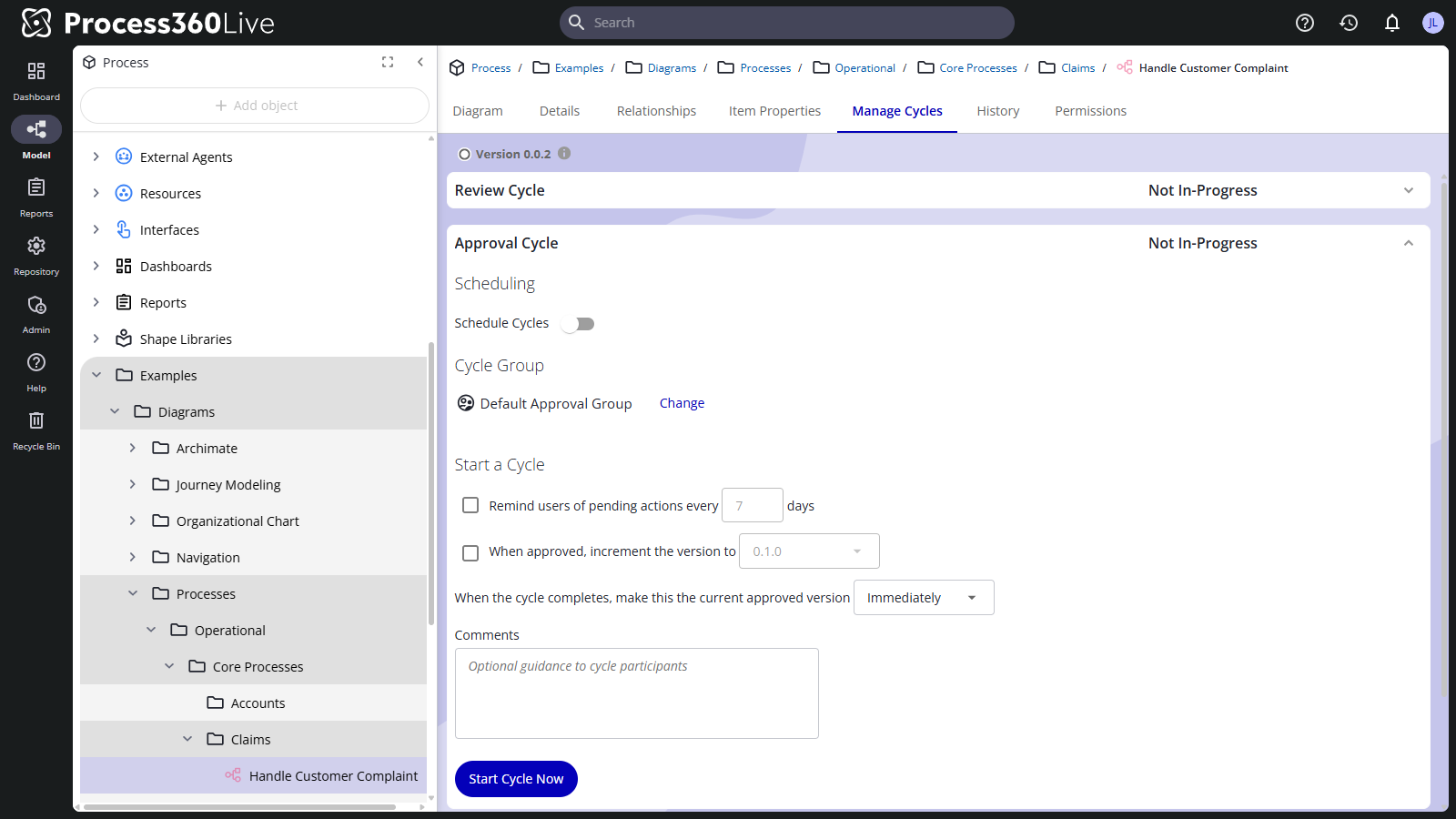 The Manage Cycles tab with the Approval Cycle section, its cycle group, and the Start Cycle Now button.