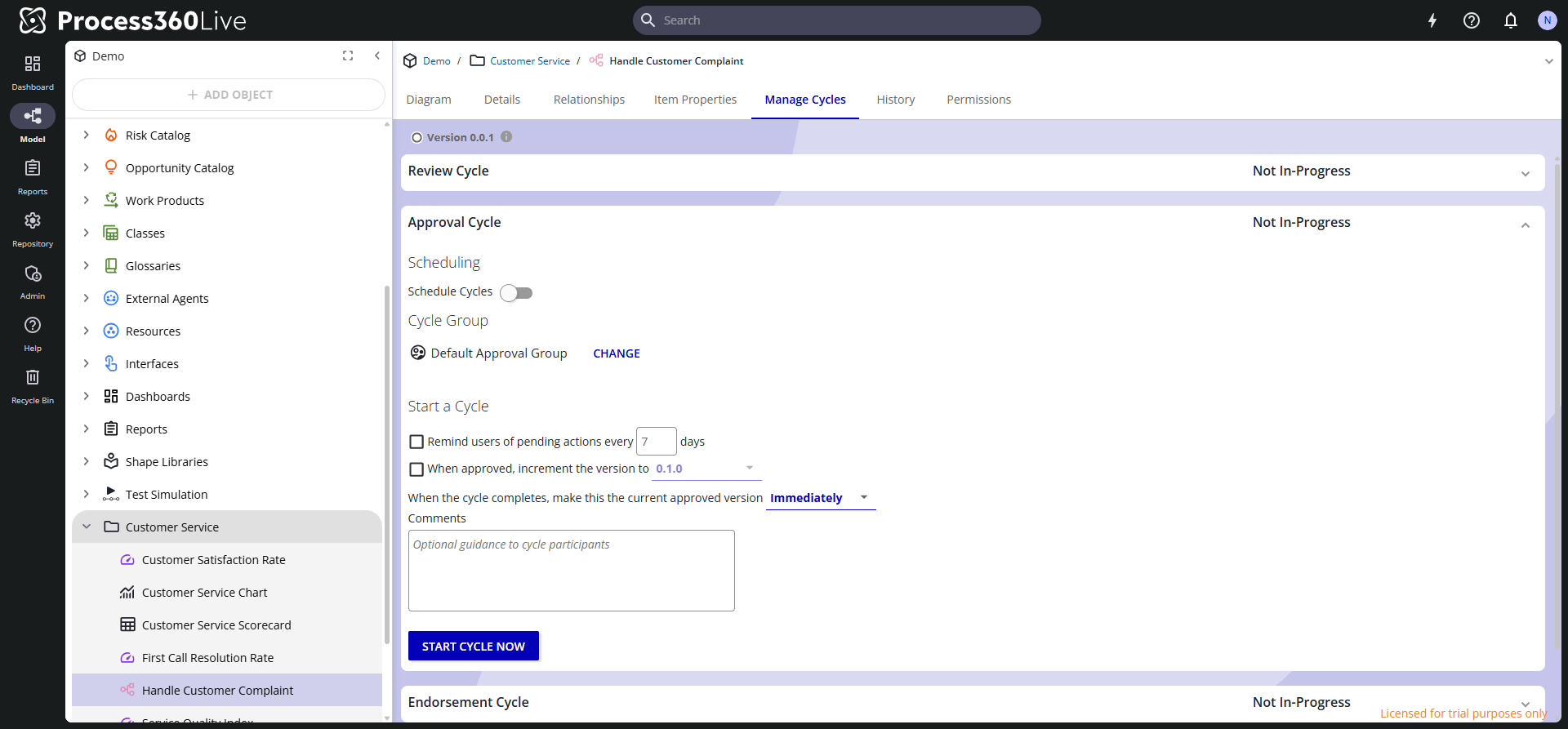 The Manage Cycles tab with the Approval Cycle expanded, showing the cycle group, the start options, and the Start Cycle Now button.