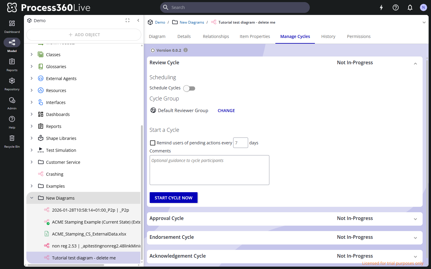 The Manage Cycles tab with the Approval Cycle section, its cycle group, and the Start Cycle Now button.