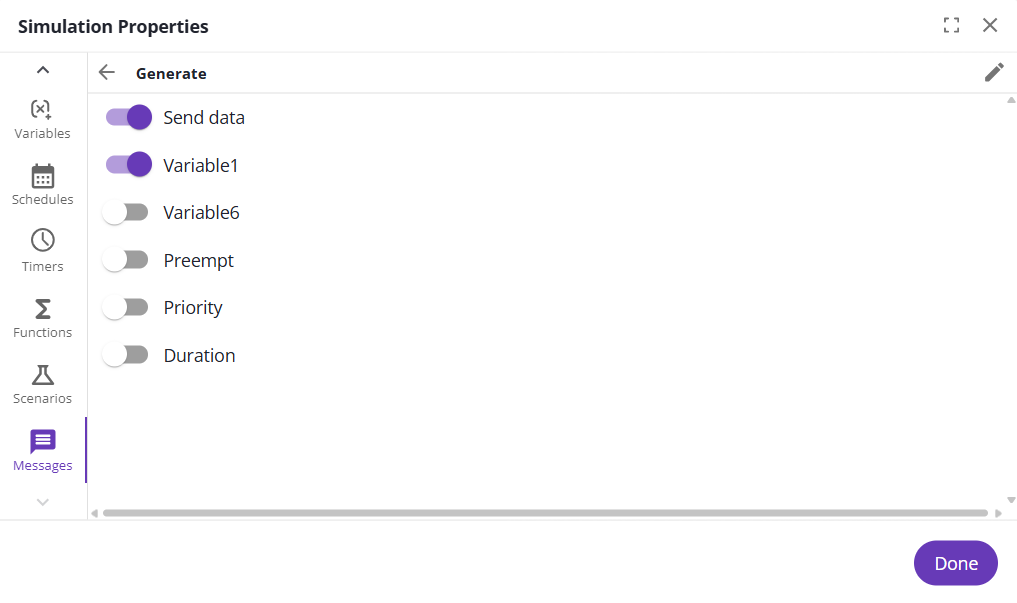 The Messages tab with a message that sends selected case variables.