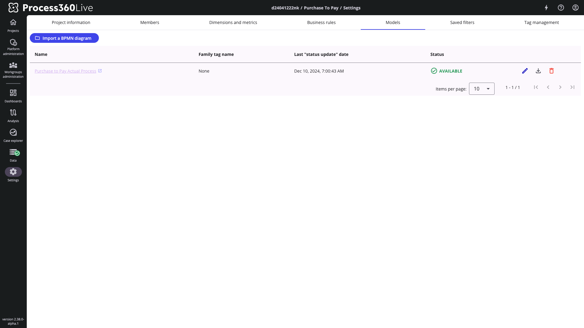 The linked model shown in the Process Mining project settings.