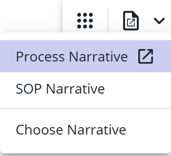 The narrative menu open on a diagram, listing Process Narrative, SOP Narrative, and Choose Narrative.