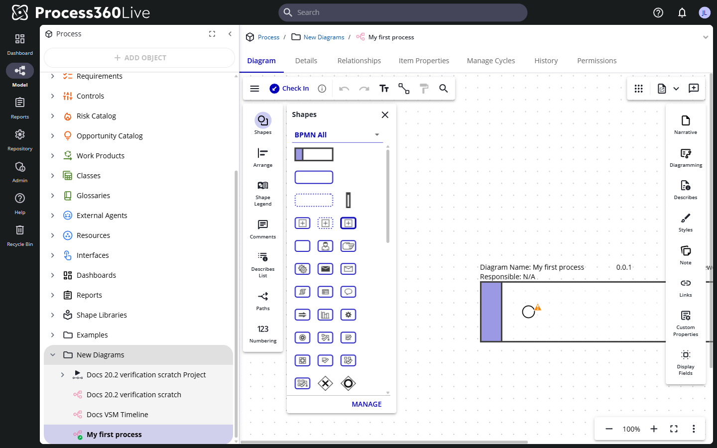 A new BPMN diagram checked out in the editor: the Shapes panel open on the BPMN All library, and a pool on the canvas holding a single event.
