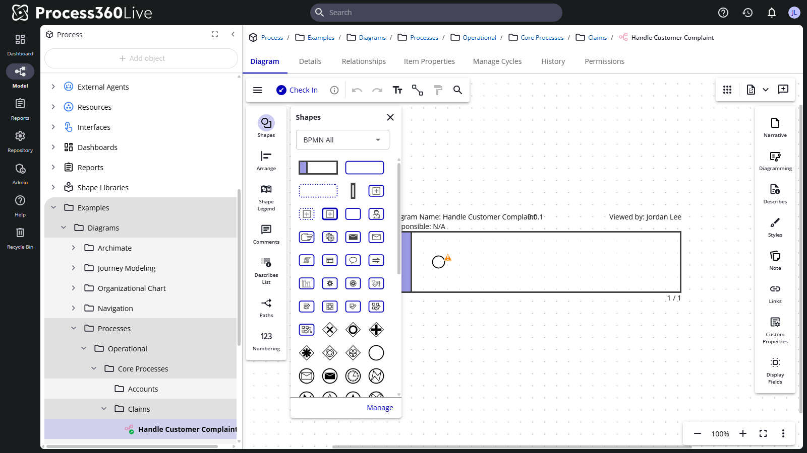 A new BPMN diagram checked out in the editor: the Shapes panel open on the BPMN All library, and a pool on the canvas holding a single event.