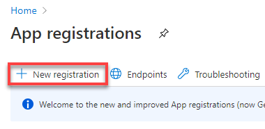 The New registration button in Azure.