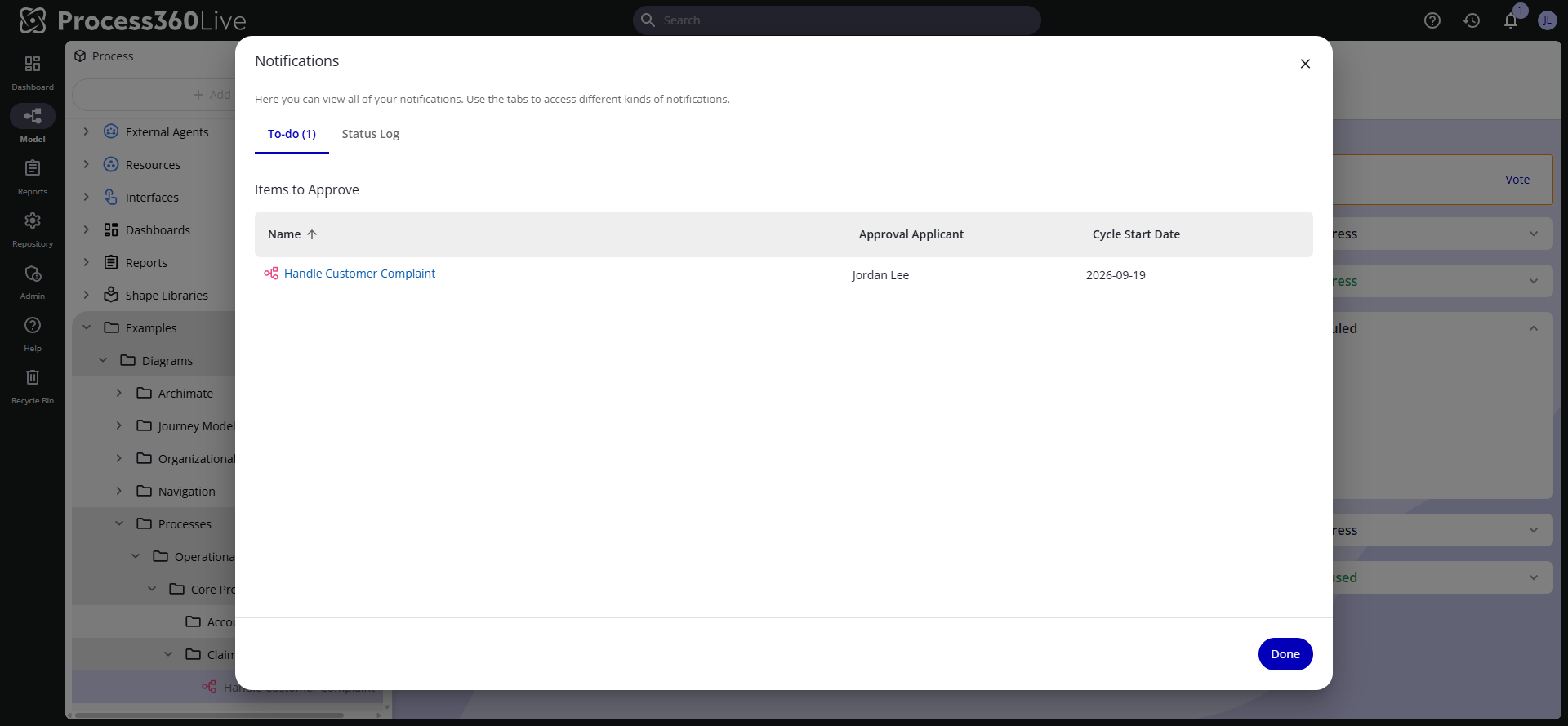 The Notifications dialog open on the To-do tab, showing one item to approve with its applicant and cycle start date.