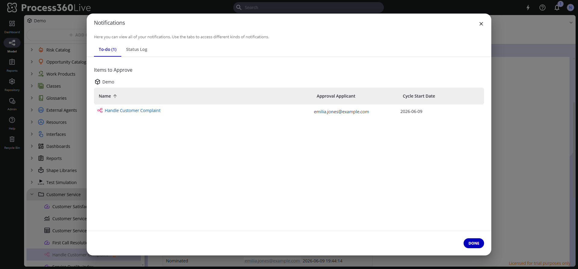 The Notifications dialog open on the To-do tab, showing one item to approve with its applicant and cycle start date.