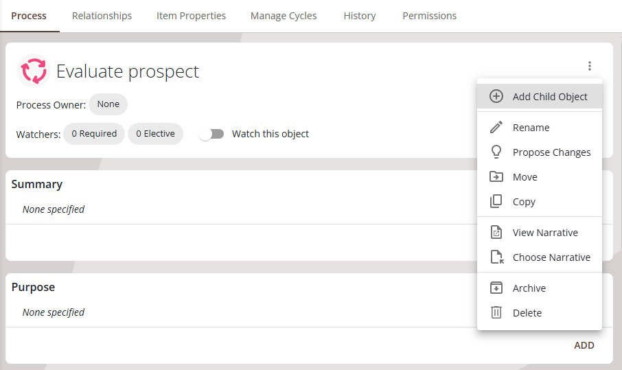 The more menu on a repository object, showing View Narrative and Choose Narrative.