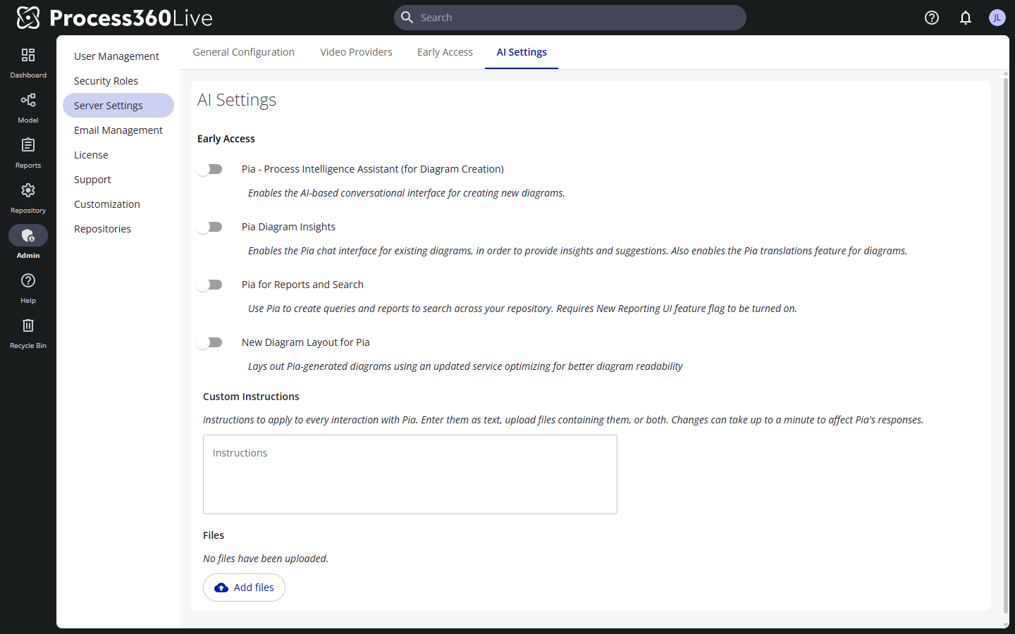 The AI Settings page with the Pia feature switches and their descriptions, and the Custom Instructions section below them.