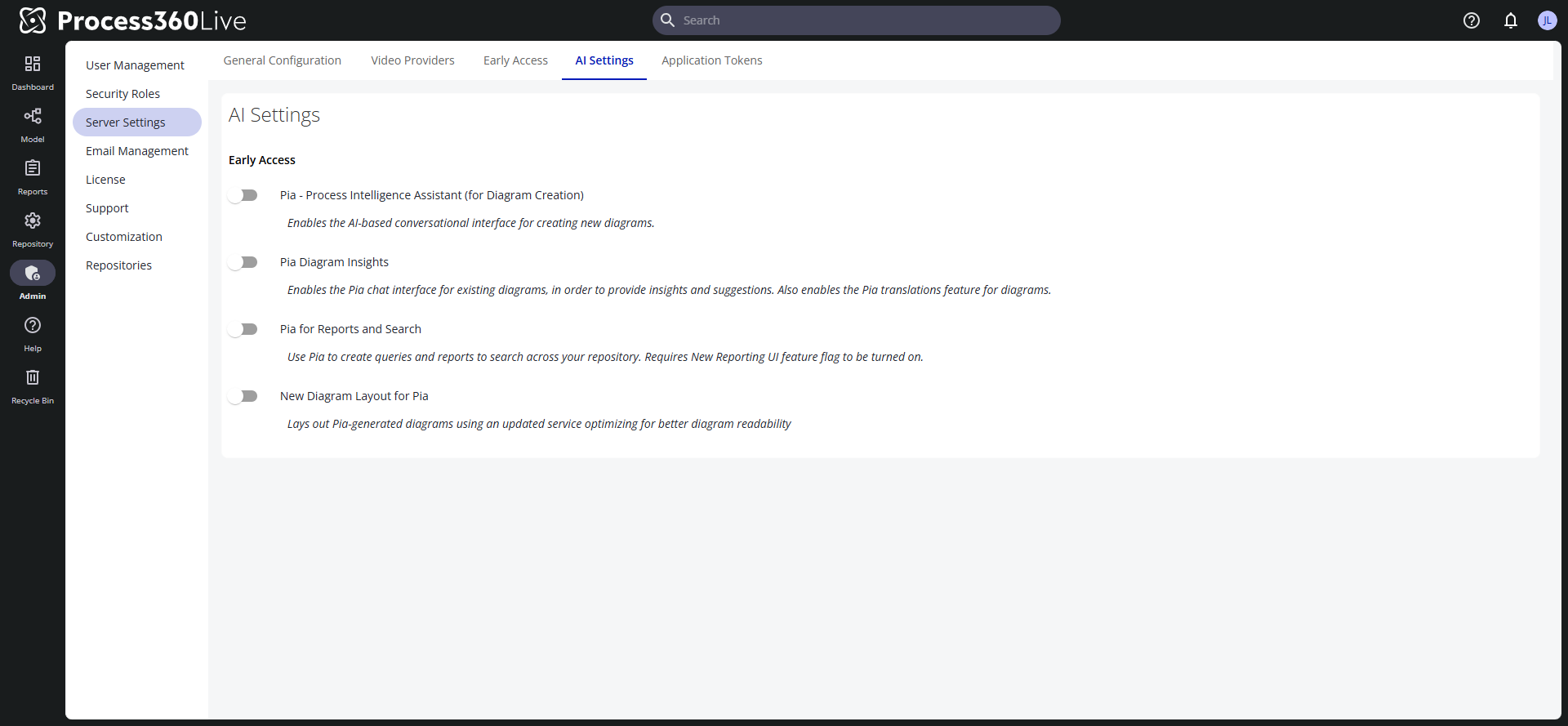 The AI Settings page with the Pia feature switches and their descriptions.