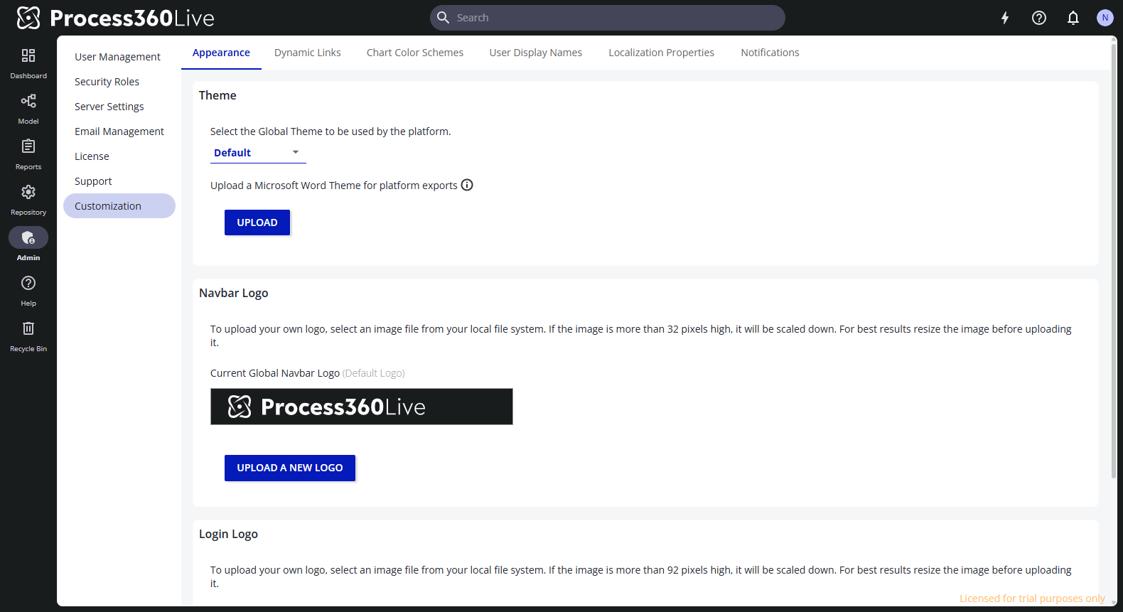 The Appearance tab with the Global Theme selector, the Word theme upload, and the navbar and login logo sections.