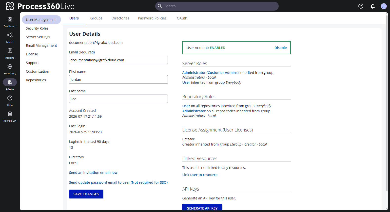 The Edit User page with the Linked Resources section and the link-user-to-resource form.
