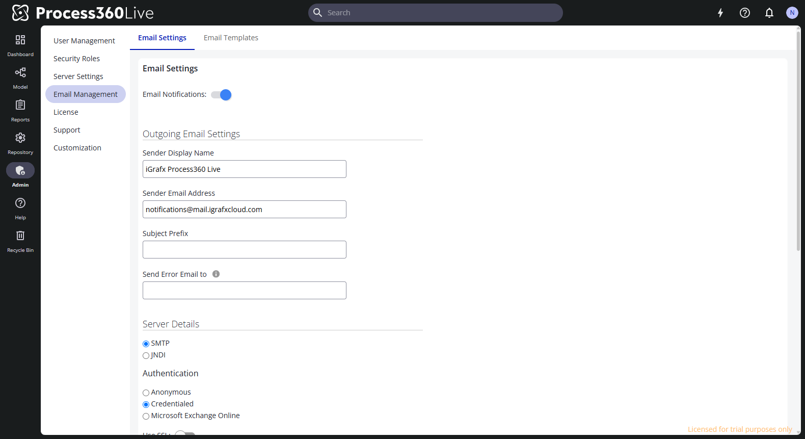 The Email Settings tab with the notifications switch, sender fields, server details, and the test configuration section.
