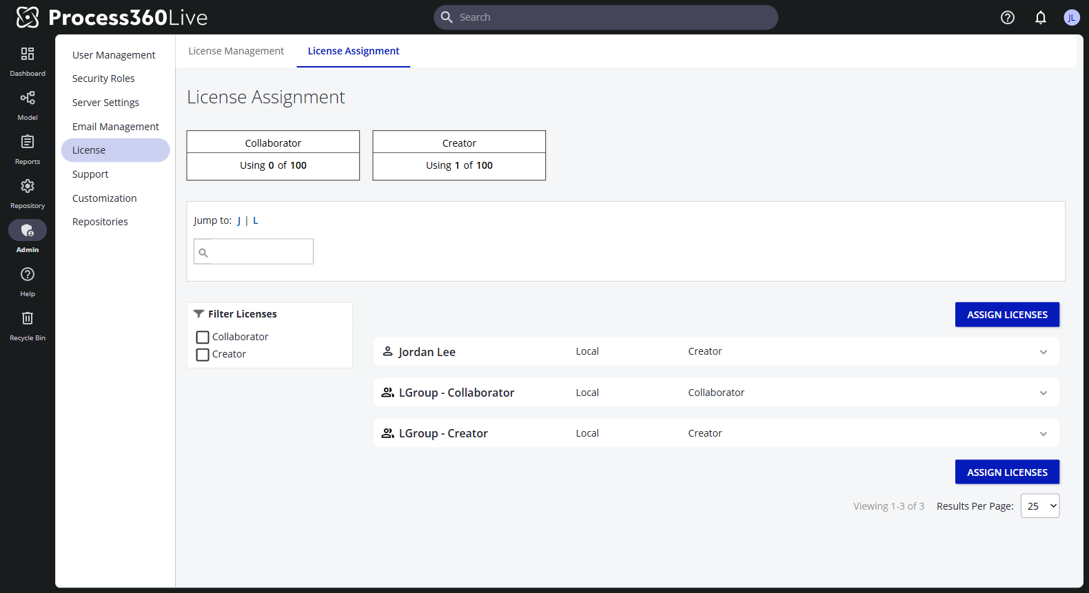 The License Assignment page with usage tiles per license and one row per licensed user and group.