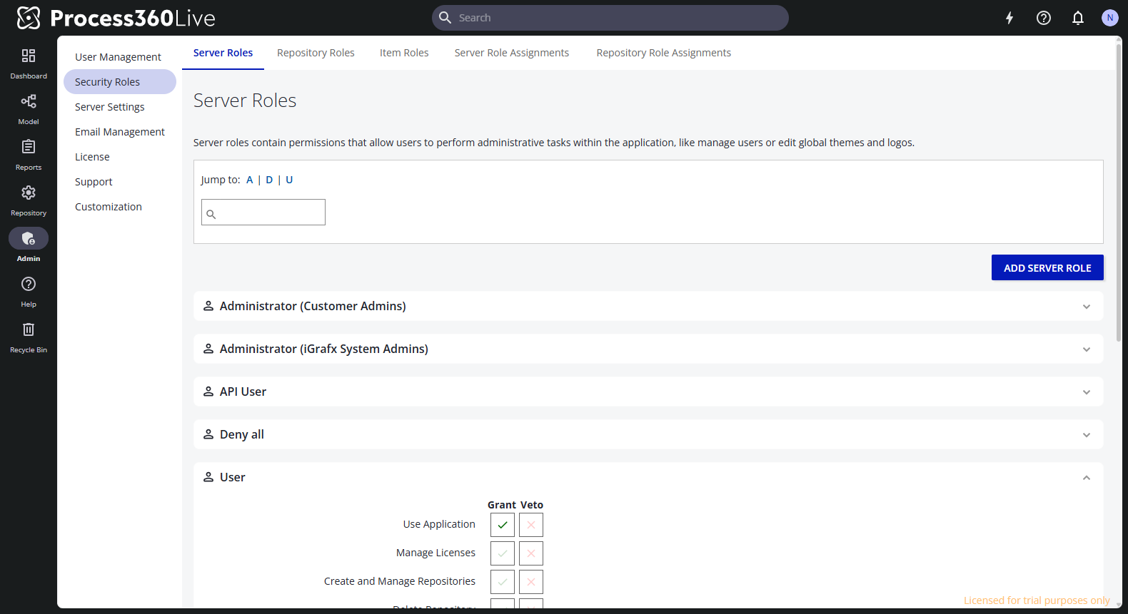 The Server Roles tab with the User role expanded into its Grant and Veto permission matrix.