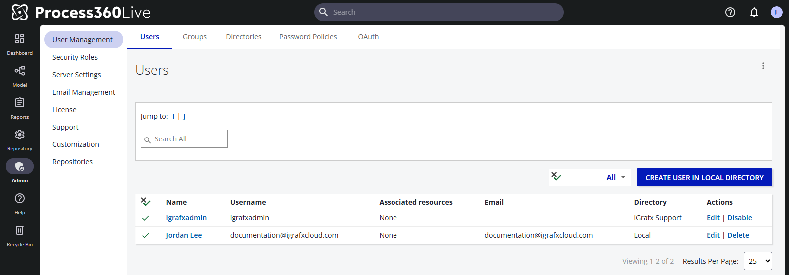 The Users tab with the alphabet jump bar, the search box, and Edit and Disable actions per user.