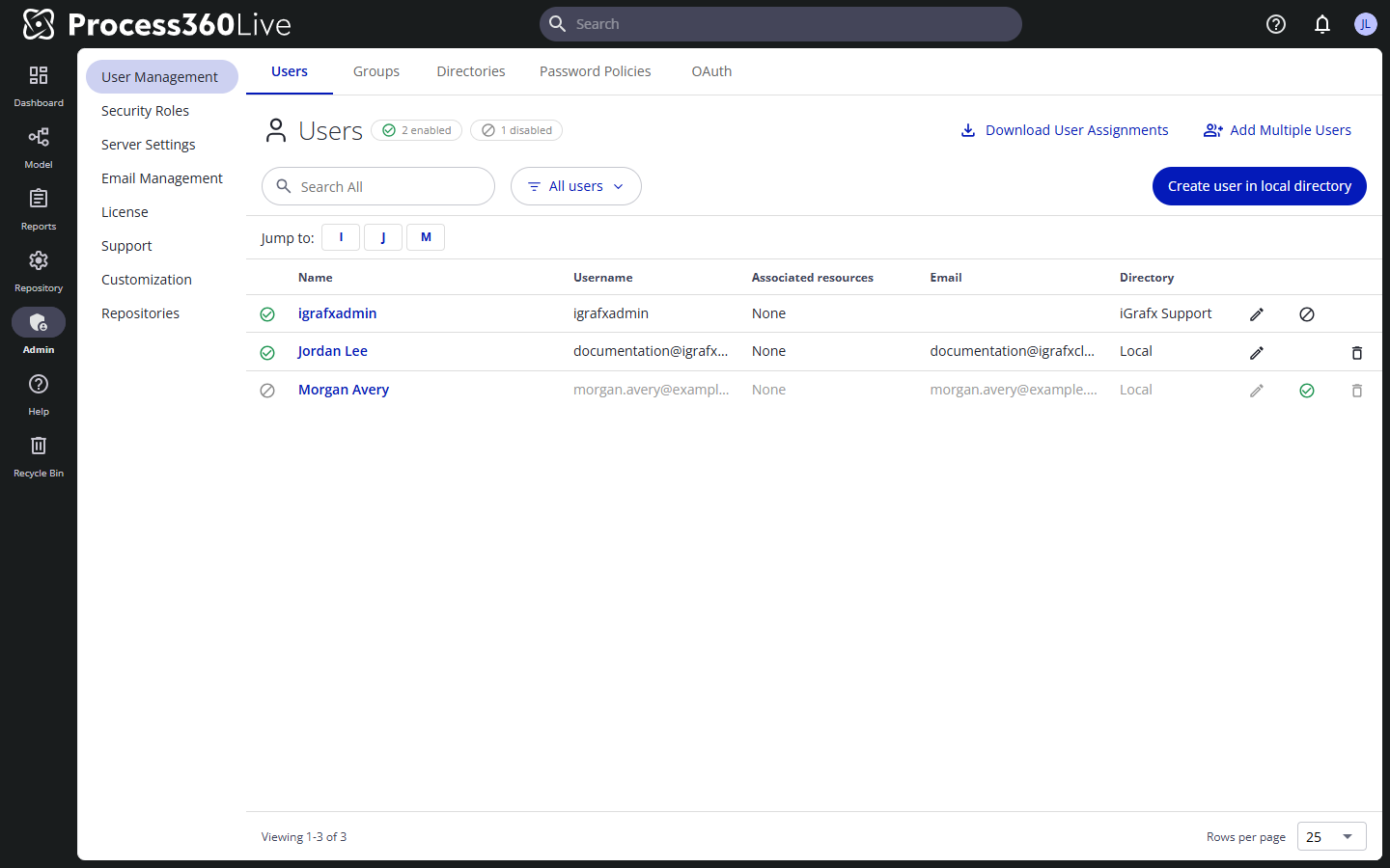 The Users tab with the enabled and disabled account counts beside the heading, the status filter, and a disabled user greyed out in the list.
