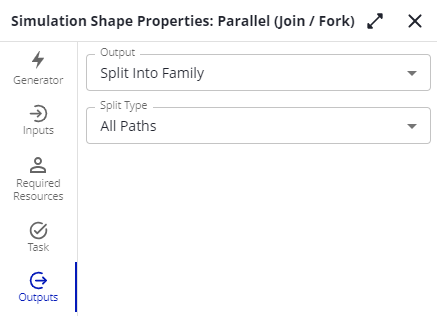 The Outputs tab of a Parallel Gateway splitting into a family on all paths.