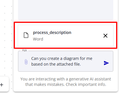 A selected file shown above the Pia chat input, with a remove control