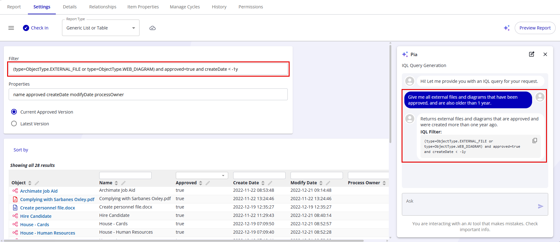 A Pia response on a report, with the filter inserted and a preview