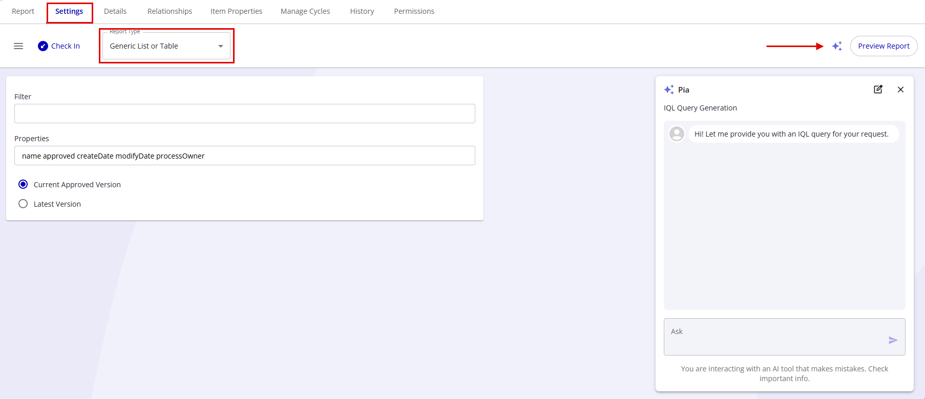 The report Settings tab with the report type set