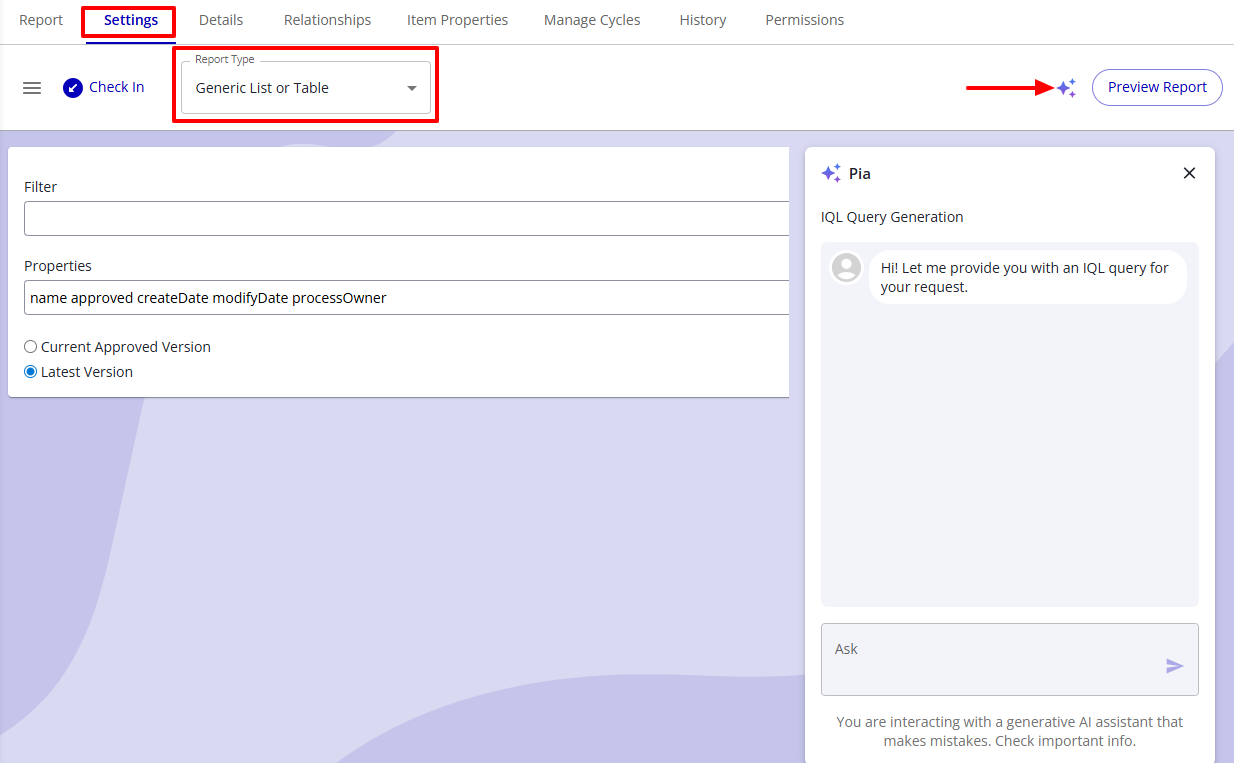 The report Settings tab with the report type set