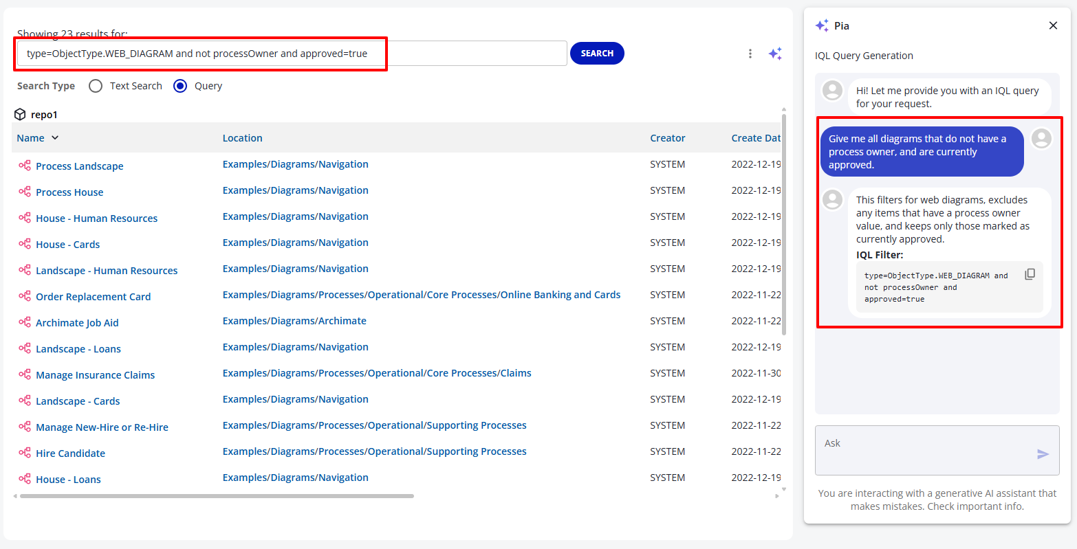 A Pia response on the Search page with the generated IQL filter