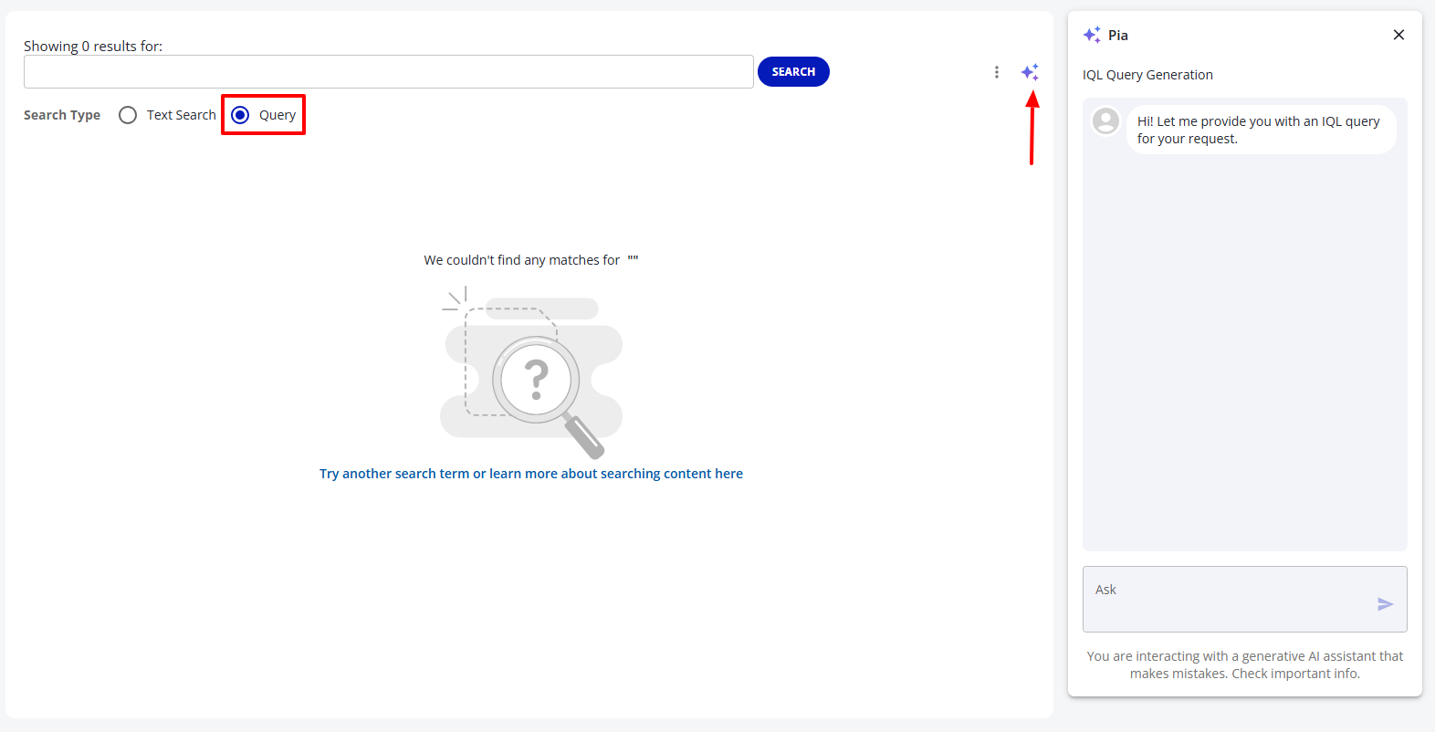 The Search page in Query mode with the Pia panel