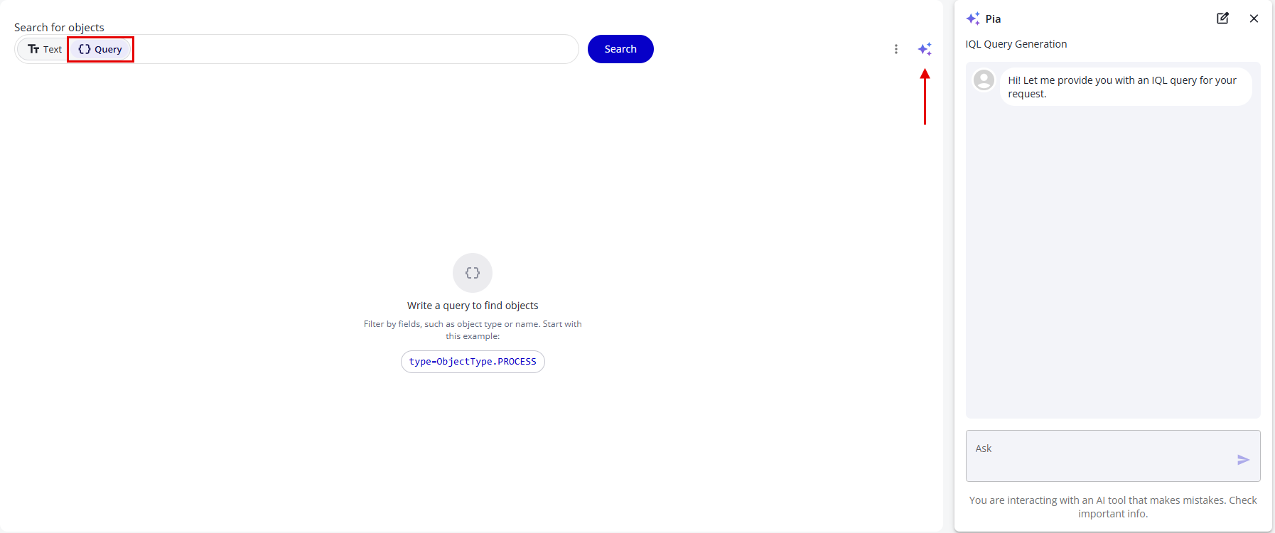 The Search page in Query mode with the Pia panel