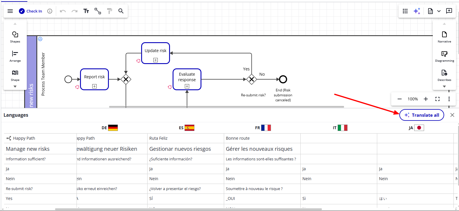 The Translate all button in the Languages grid header