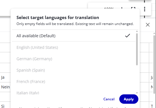 The language selection dialog with the All available option