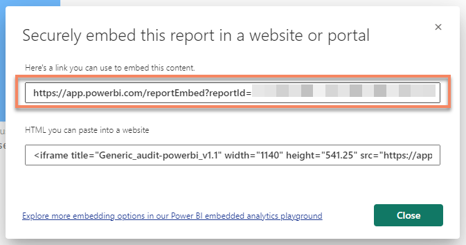 The dialog with the report URL to copy.