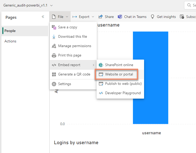 The Embed report menu with the Website or portal option.