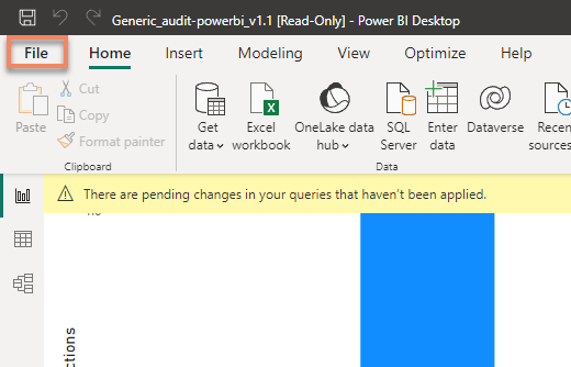 The File menu in Power BI with the Publish command.