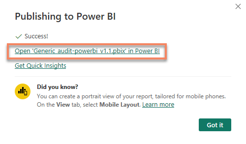 The publishing-complete dialog with the link that opens the report.