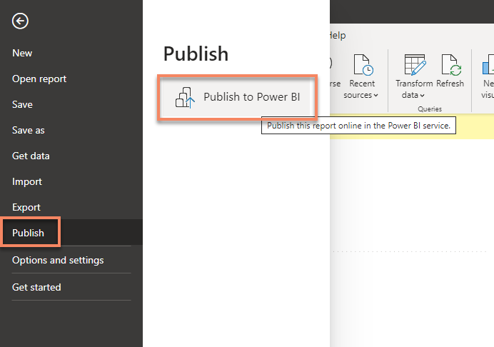 The Publish to Power BI option.