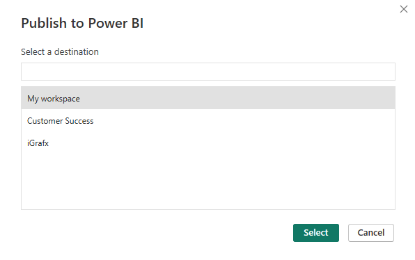 Selecting the destination workspace in Power BI.