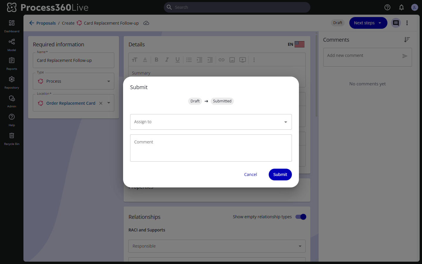 The Submit transition dialog showing Draft to Submitted, with assignee and comment fields.