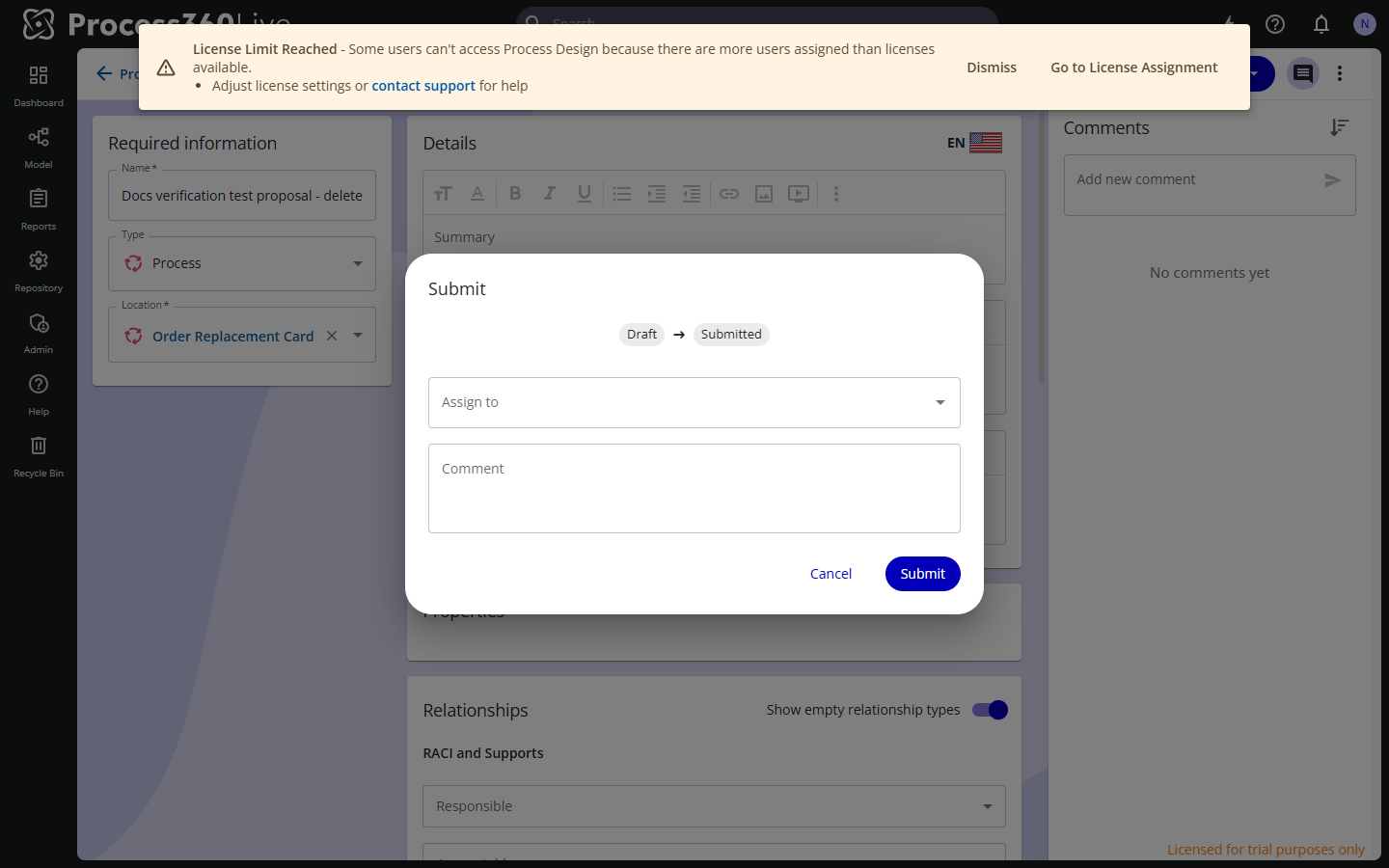 The Submit transition dialog showing Draft to Submitted, with assignee and comment fields.