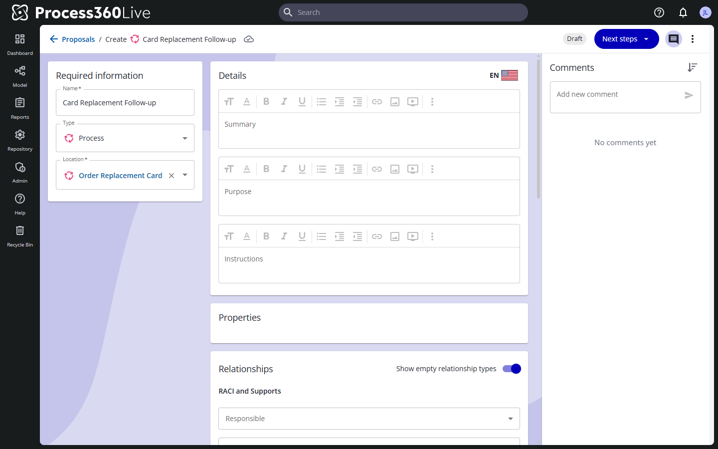 A new-object proposal in Draft, with the Next steps button, required information, details, and the comments panel.
