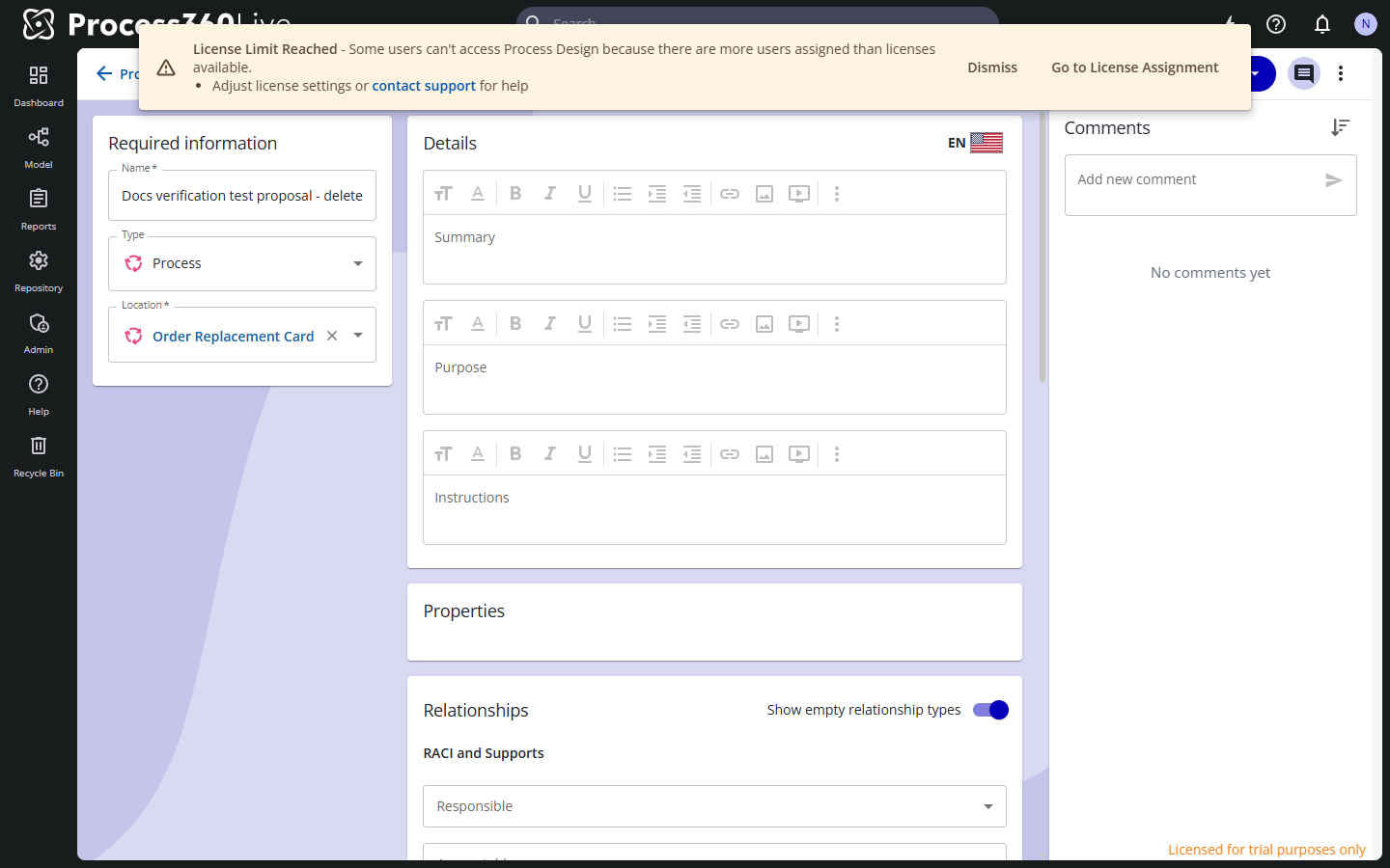 A new-object proposal in Draft, with the Next steps button, required information, details, and the comments panel.