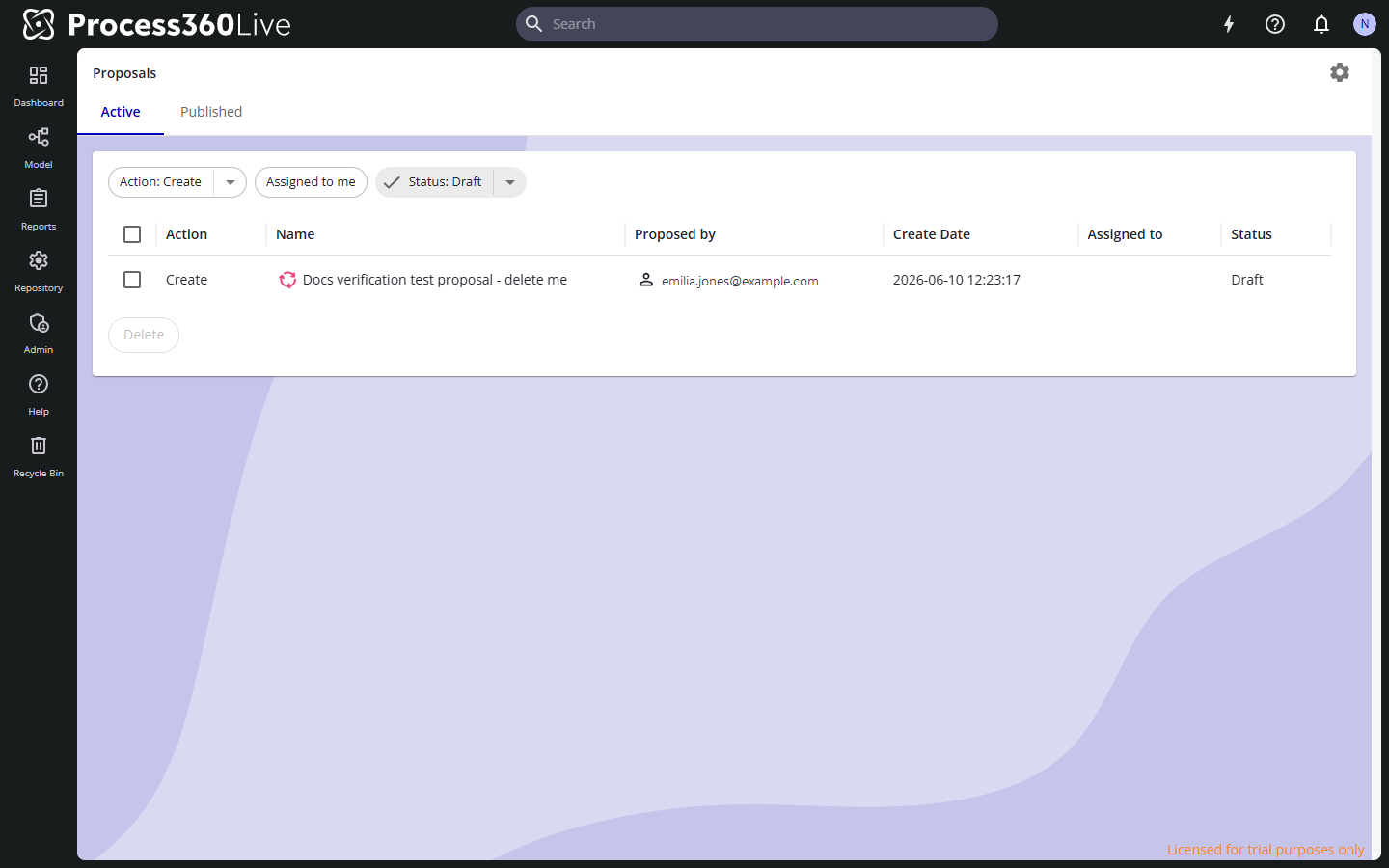 The Proposals page with the filter chips and a proposal in Draft.
