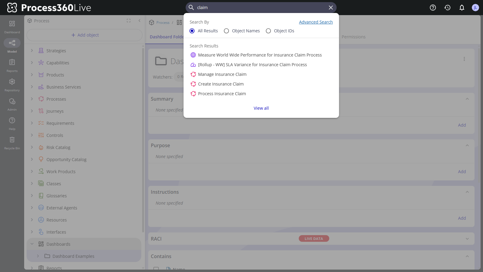 The Quick Search dropdown under the search box, showing the Search By options and the matching results.